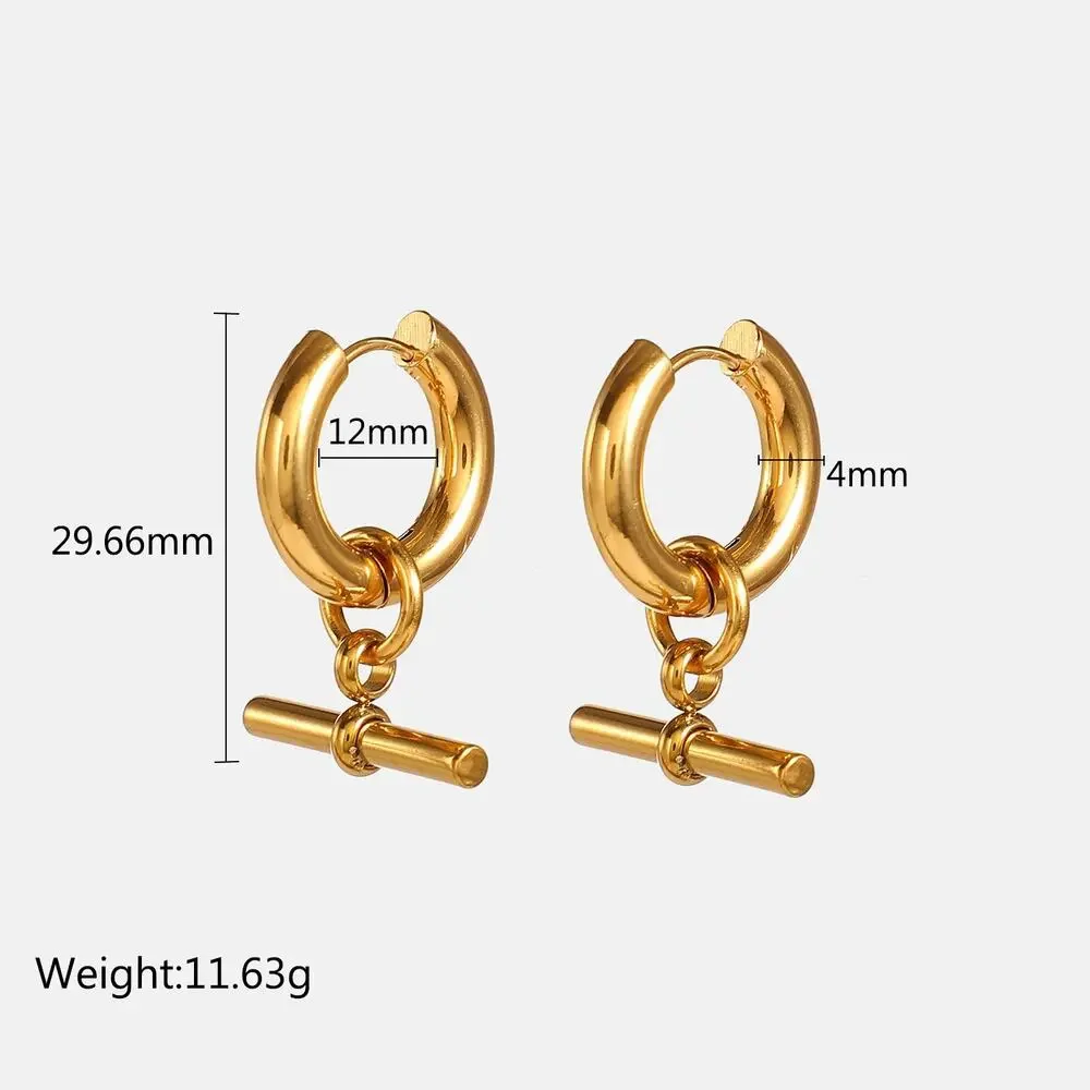 Trendy Chic‎ T Bar Hoop Earrings 18K Gold Plated Stainless Steel - Picture 7 of 7